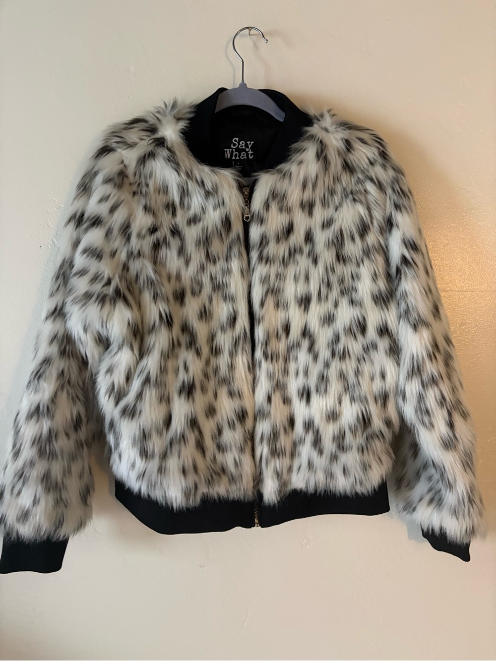 Say What? Black & White Faux Fur Bomber Jacket Size L Festival Evening Party